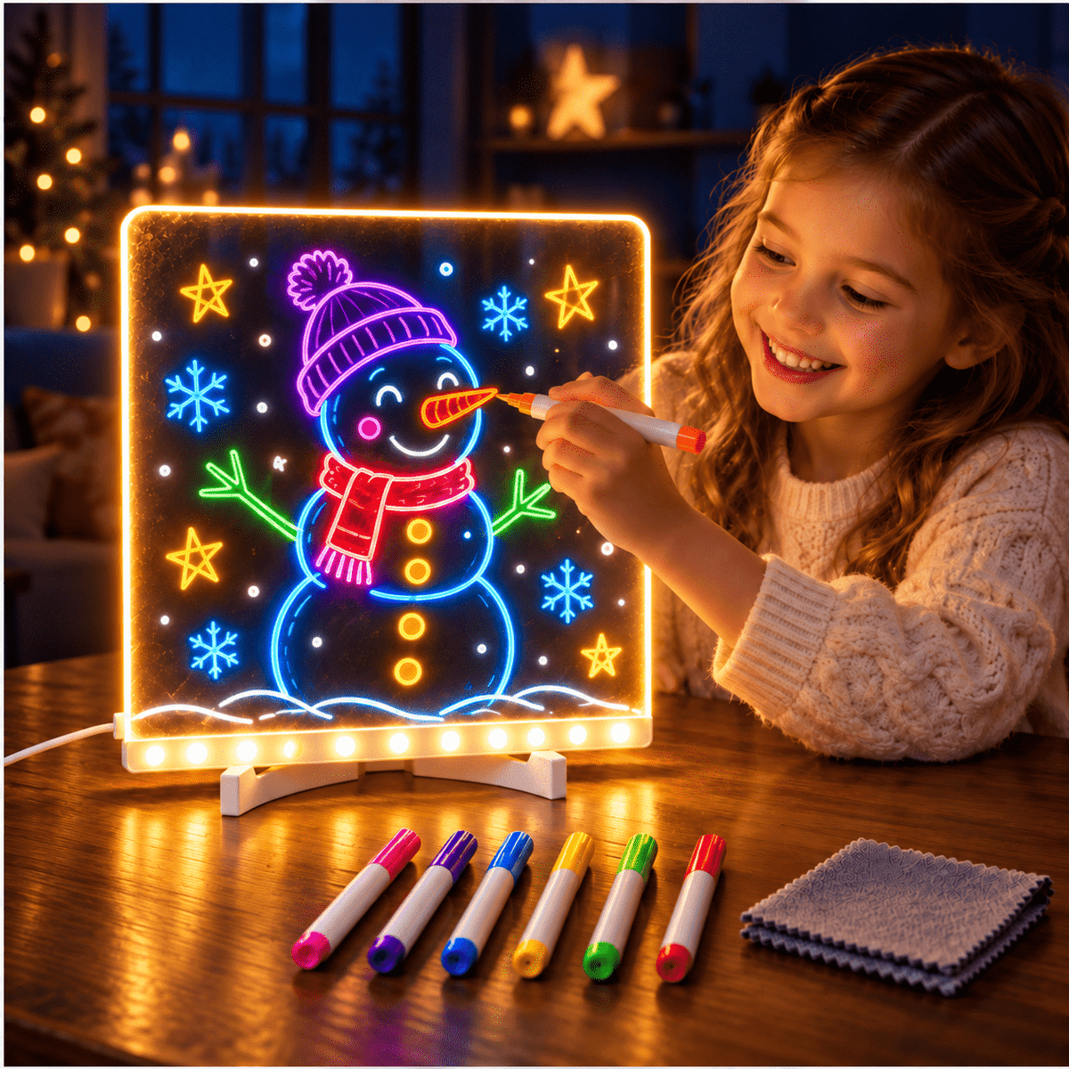 Kids’ LED Glow Drawing Board – Reusable DIY Art Kit with 7 Color Pens, Wipe Cloth & Stand🌼