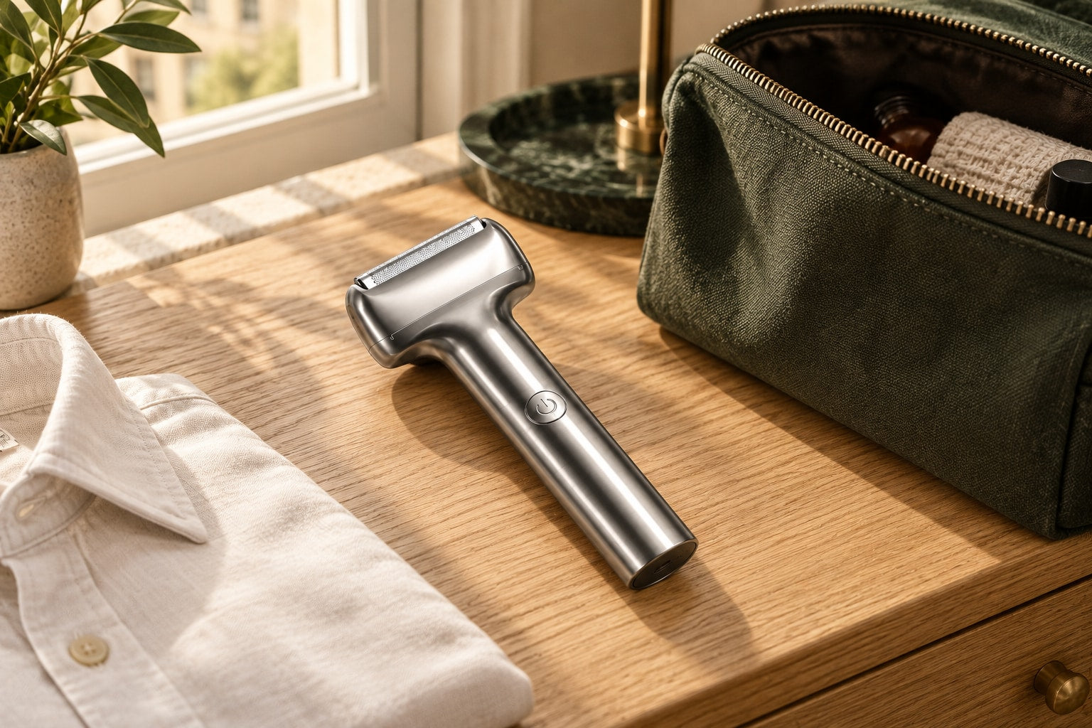 The slim silver shaver beside a travel wash bag