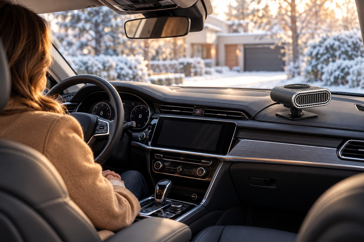Close-up of the compact heater in a winter car interior β illustrative scene