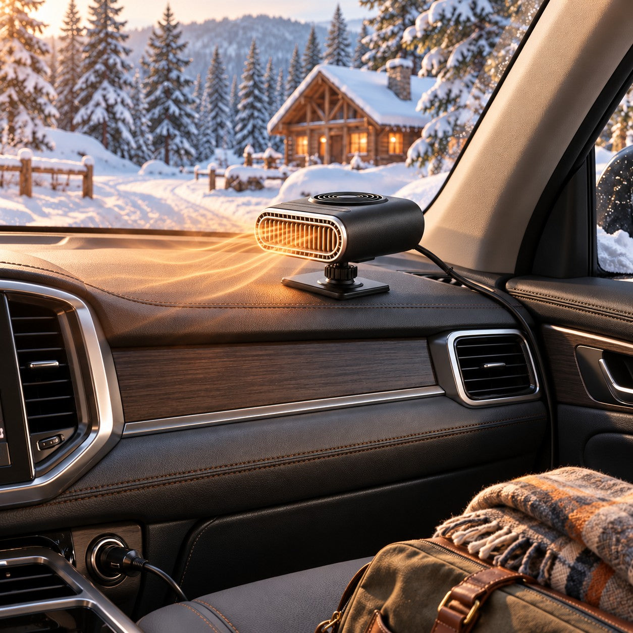 Illustrative winter getaway scene with portable heater and snowy cabin outside