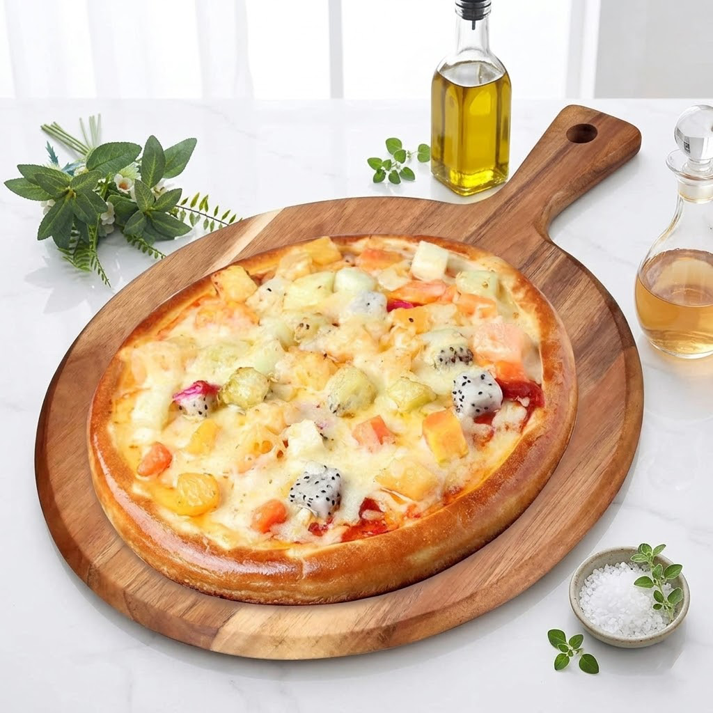 Navopalo Round Teak Wood Cutting Board with Handle - Large Charcuterie Board & Cheese Tray - Round Butcher Block for Meat, Bread, and Pizza - Decorative Serving Platter for Kitchen & Dining