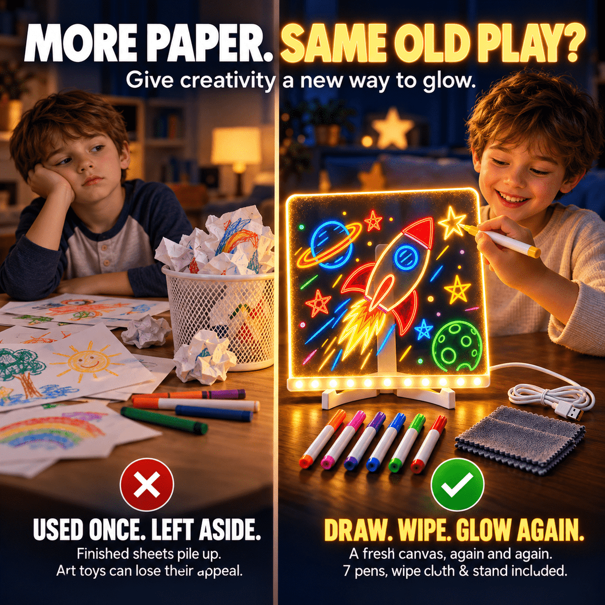 Kids’ LED Glow Drawing Board – Reusable DIY Art Kit with 7 Color Pens, Wipe Cloth & Stand🌼