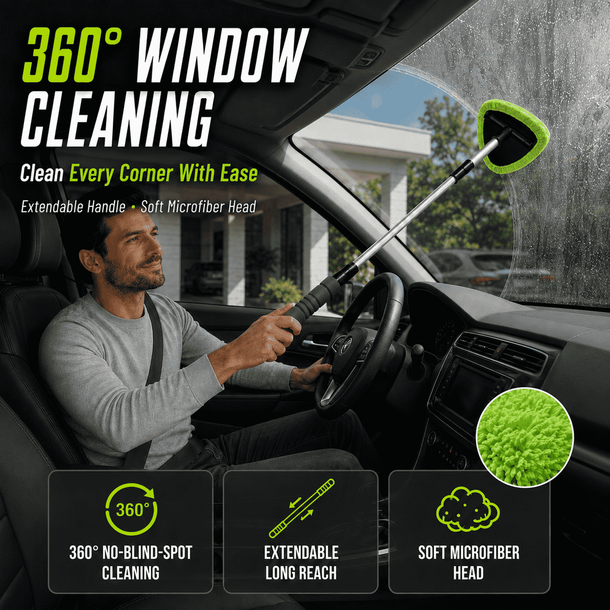 Car Windshield Cleaning Brush — Extendable Microfiber for 360° Window Cleaning