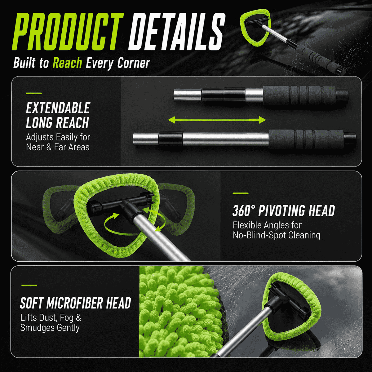 Car Windshield Cleaning Brush — Extendable Microfiber for 360° Window Cleaning