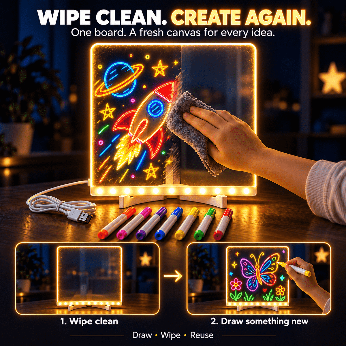 Kids’ LED Glow Drawing Board – Reusable DIY Art Kit with 7 Color Pens, Wipe Cloth & Stand🌼