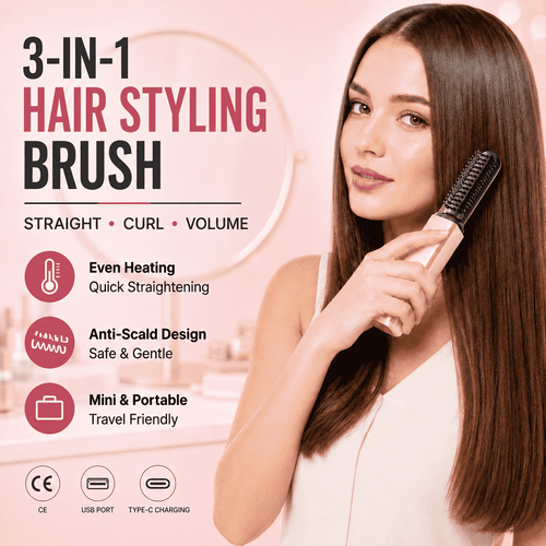 3-in-1 Anti-Scald Hair Styling Brush | Straighten, Curl & Volumize