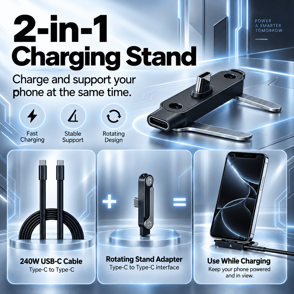 ⚡ 240W 2-in-1 USB-C Fast Charging Cable with Rotating Phone Stand🍀