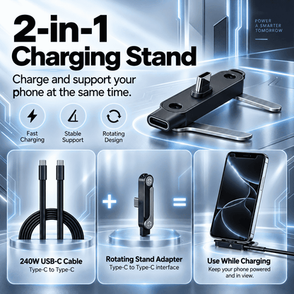 ⚡ 240W 2-in-1 USB-C Fast Charging Cable with Rotating Phone Stand🍀