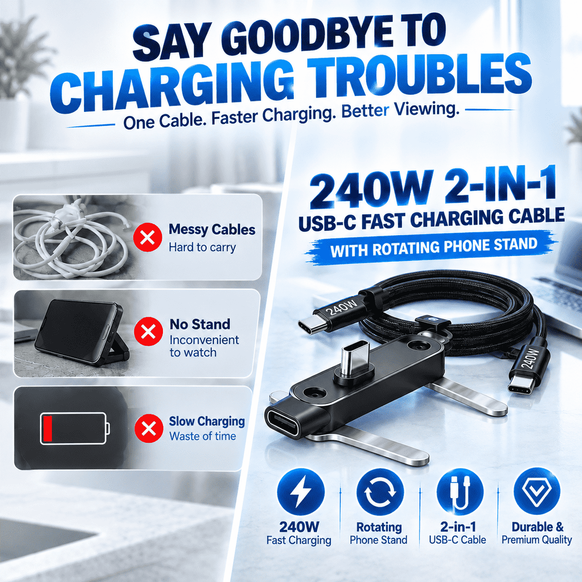 ⚡ 240W 2-in-1 USB-C Fast Charging Cable with Rotating Phone Stand🍀