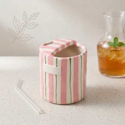 Navopalo 10oz Ceramic Coffee Mug with Sipping Hole & Straw - Vintage Hand-Painted Striped Espresso Cup for Coffee and Tea - 1 Piece