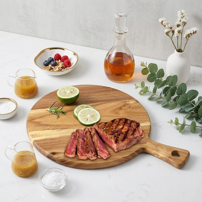 Navopalo Round Teak Wood Cutting Board with Handle - Large Charcuterie Board & Cheese Tray - Round Butcher Block for Meat, Bread, and Pizza - Decorative Serving Platter for Kitchen & Dining