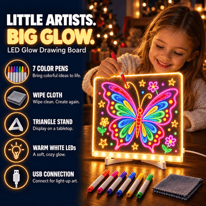 Kids’ LED Glow Drawing Board – Reusable DIY Art Kit with 7 Color Pens, Wipe Cloth & Stand🌼