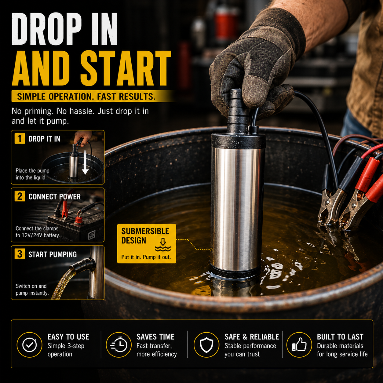 🔥Portable Submersible Pump, DC 12V, Ideal for Diesel, Kerosene & Water - Lightweight, Easy Install, 3m Wire, Coal Oil, Small Size