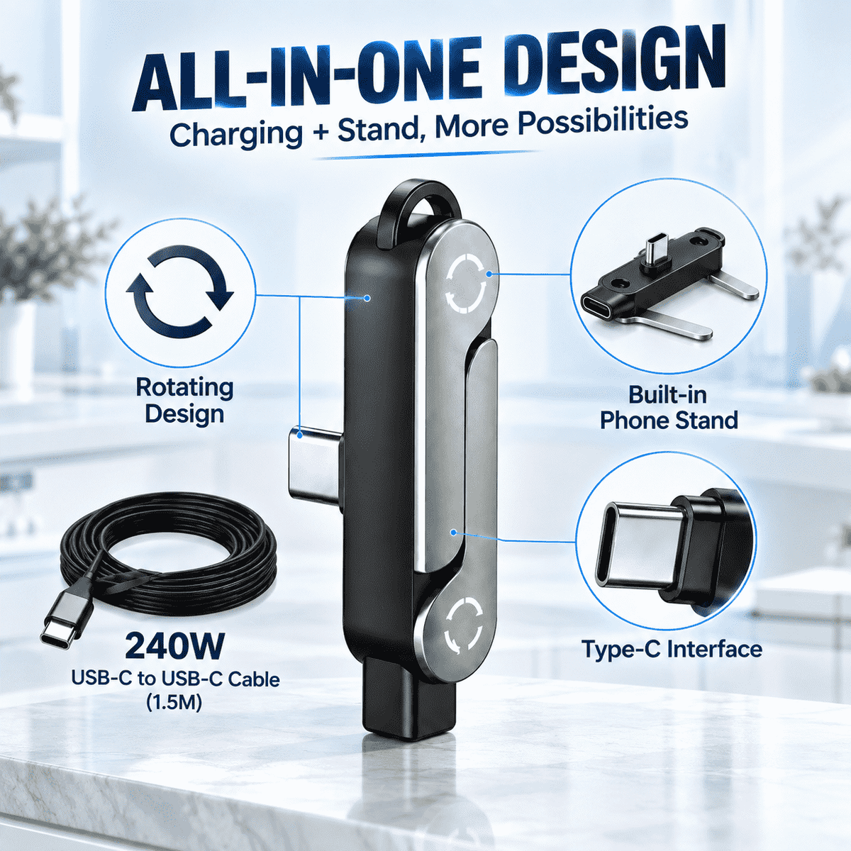 ⚡ 240W 2-in-1 USB-C Fast Charging Cable with Rotating Phone Stand🍀