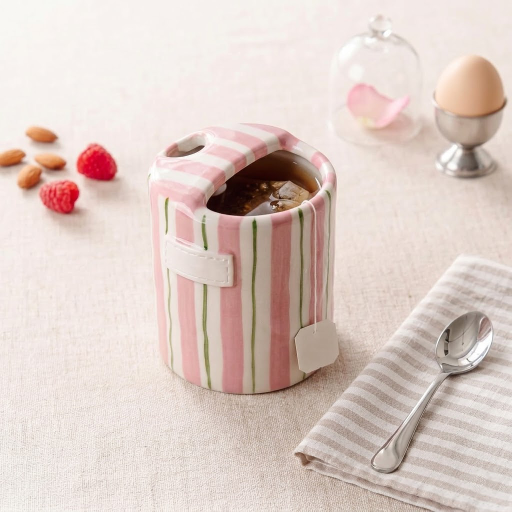 Navopalo 10oz Ceramic Coffee Mug with Sipping Hole & Straw - Vintage Hand-Painted Striped Espresso Cup for Coffee and Tea - 1 Piece
