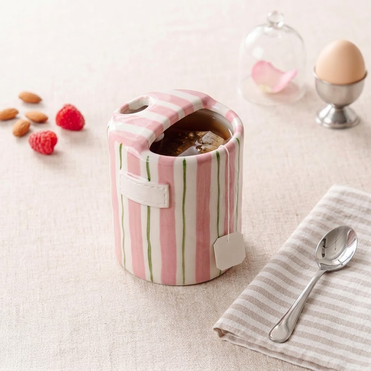 Navopalo 10oz Ceramic Coffee Mug with Sipping Hole & Straw - Vintage Hand-Painted Striped Espresso Cup for Coffee and Tea - 1 Piece