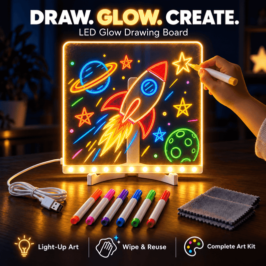 Kids’ LED Glow Drawing Board – Reusable DIY Art Kit with 7 Color Pens, Wipe Cloth & Stand🌼