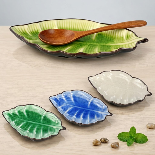 Navopalo 4-Piece Ceramic Leaf Spoon Rest Set - 7" Elegant Porcelain Utensil Holder for Kitchen Countertop & Stovetop, Cute Nature-Inspired Design