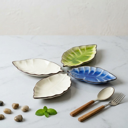Navopalo 4-Piece Ceramic Leaf Spoon Rest Set - 7" Elegant Porcelain Utensil Holder for Kitchen Countertop & Stovetop, Cute Nature-Inspired Design