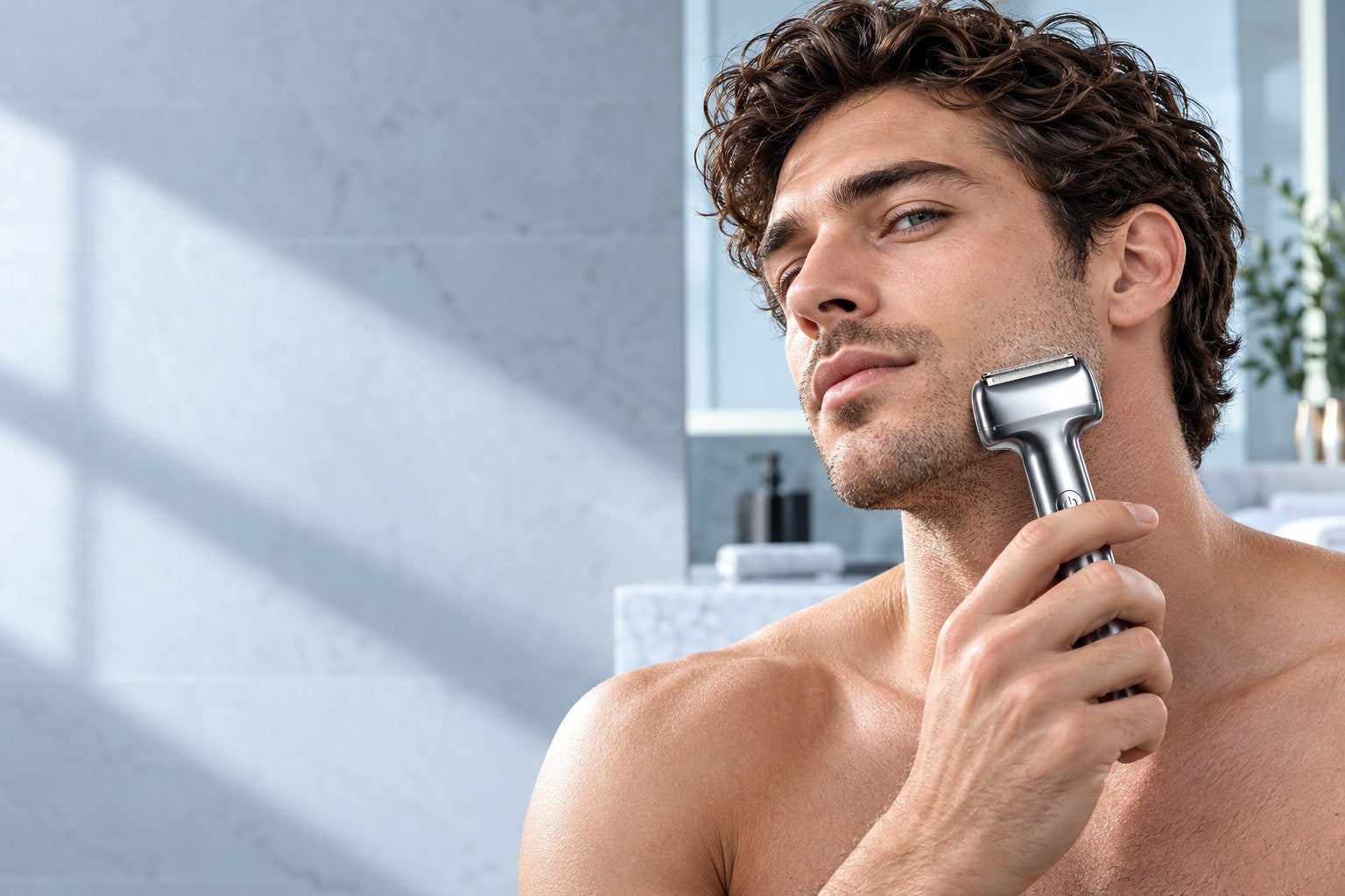Illustrative scene of a man using the silver foil shaver in a bright bathroom