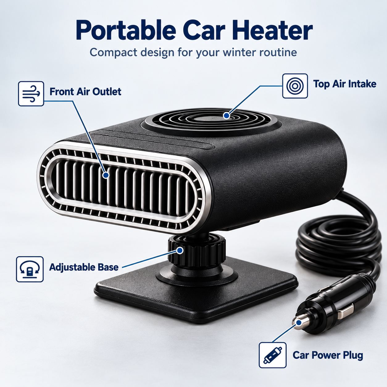 Product diagram showing the front air outlet, top air intake, adjustable base and car power plug