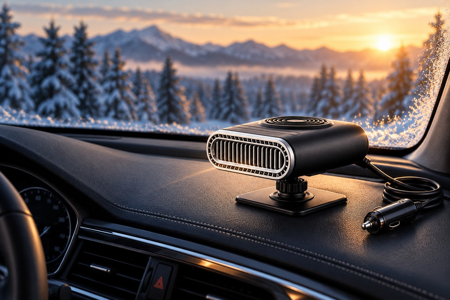 Portable car heater on a dashboard on a snowy morning — illustrative product scene