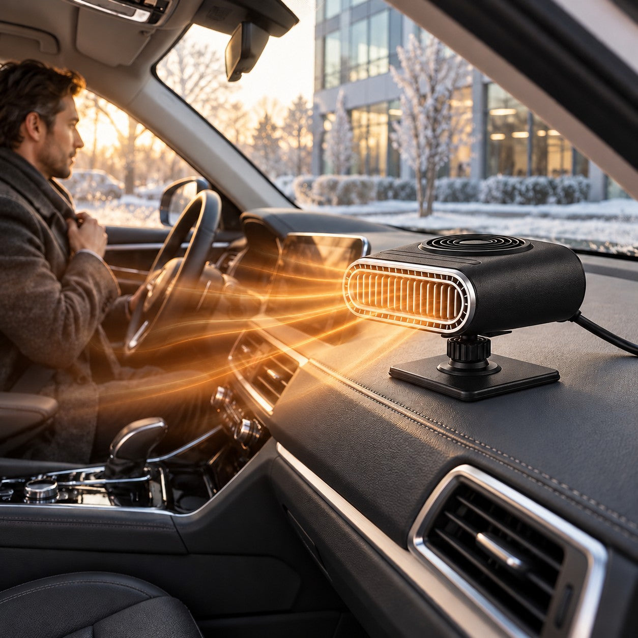 Illustrative office commute scene with portable heater in a parked car