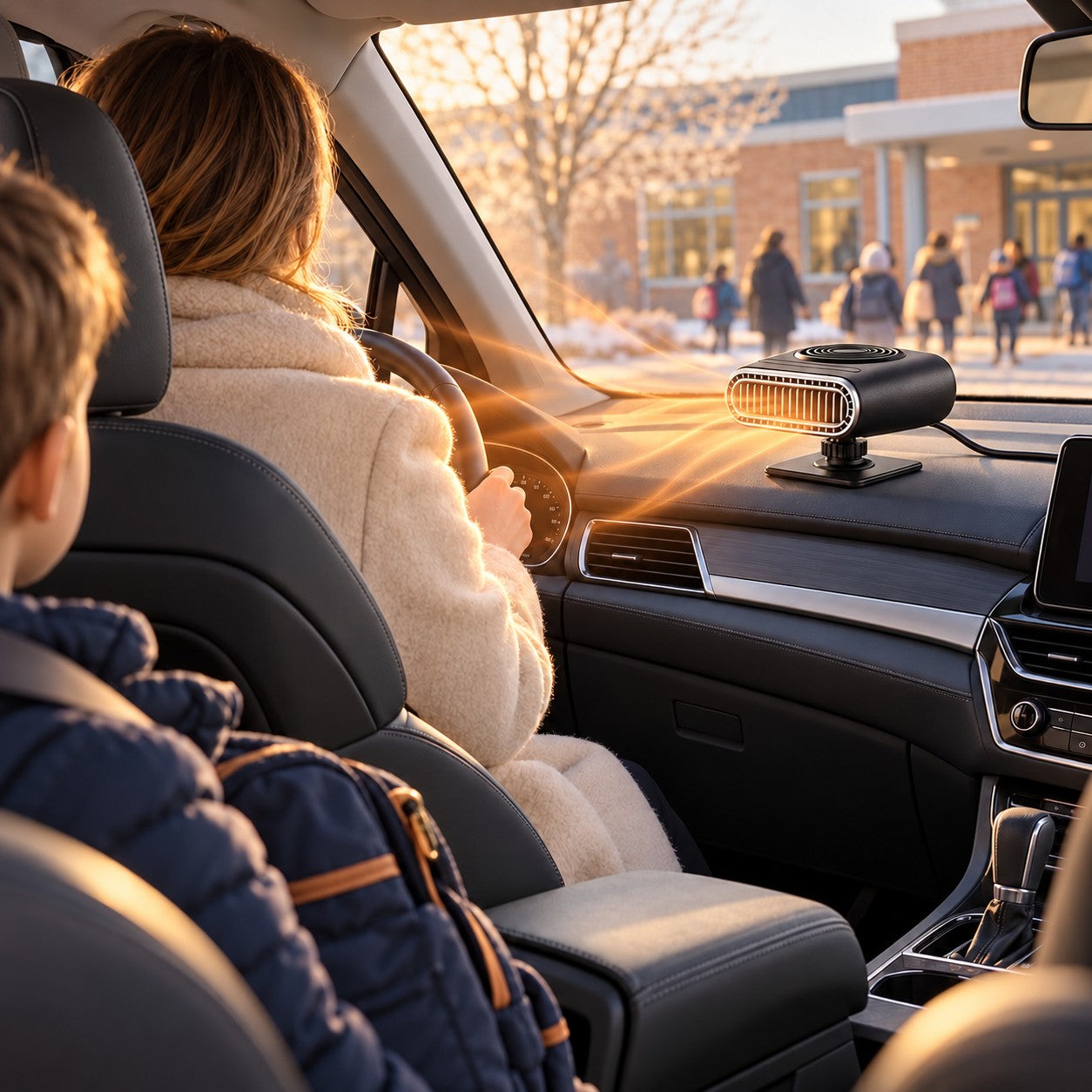 Illustrative family school-run scene with portable heater in a stationary car