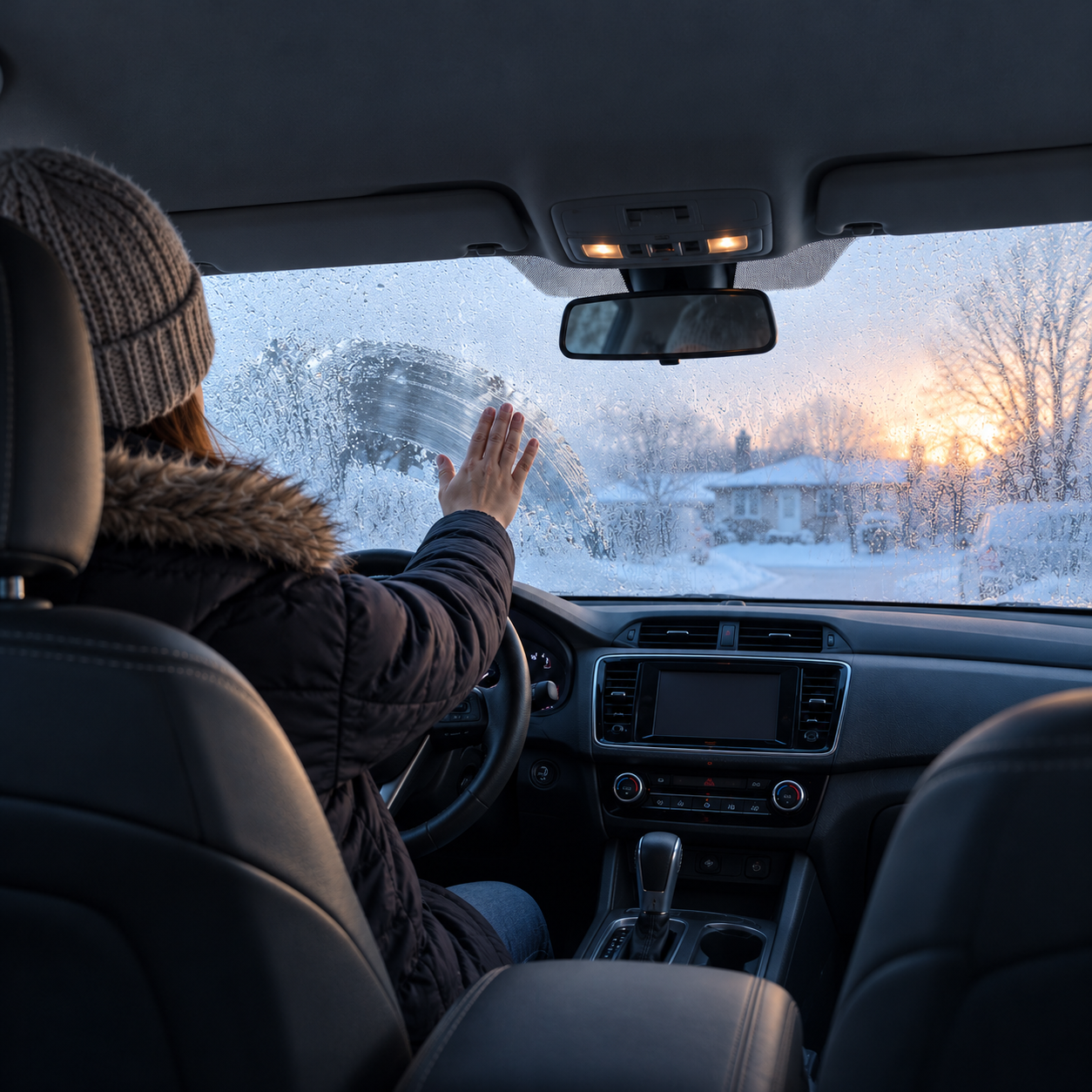 Driver wiping a misted windshield before setting off on a winter morning